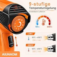 Heißluftpistole 2000W AIUNAOM Heißluftfön 9 einstellbare Temperaturstufen 50℃- 650℃ Heissluftgebläse mit 5 Zubehör Überlastschutz Geeignet zum Heizen, Schweißen und Auftauen(Orange) – Ansicht 2