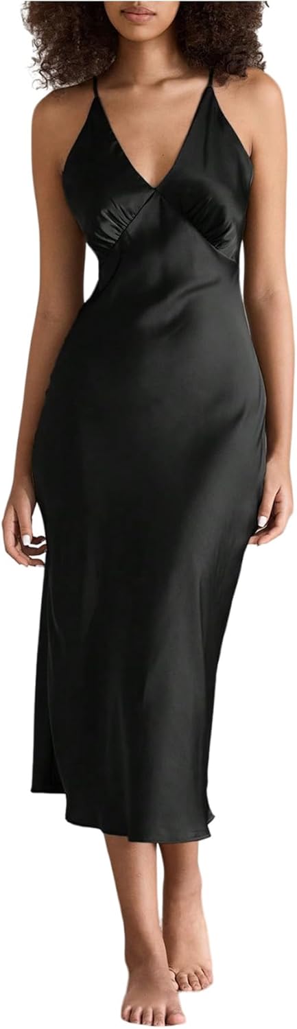 WDIRARA Women's Sexy Satin Nightgowns Slip Dress V Neck Spaghetti Strap Long Nightdress Chemise Lingerie Sleepwear