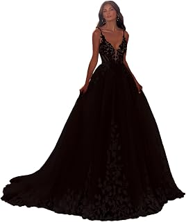 Zeeyecie Spaghetti Strap Wedding Dresses for Bride Deep V-Neck Backless A-Line Lace Applique Bridal Gown with Train
