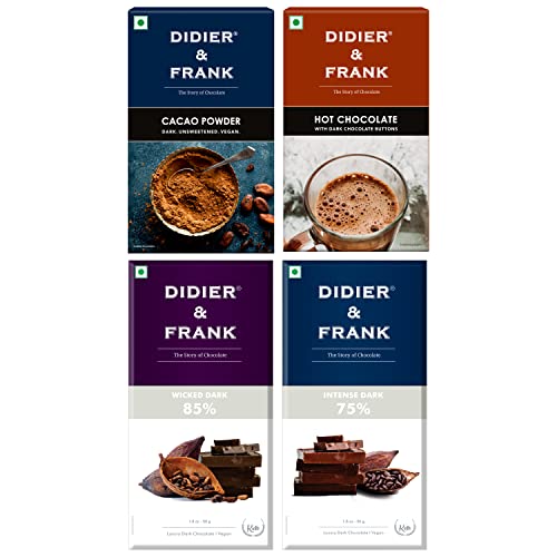 Image of Didier & Frank Chocolate 85% Dark, 50g, 75% Dark, 50g, Cacao Powder,100g, Hot Drinking Chocolate with Dark Chocolate Buttons 200g, (Use for Cake, Baking, Hot Chocolate, Milkshake) (Gift Pack)