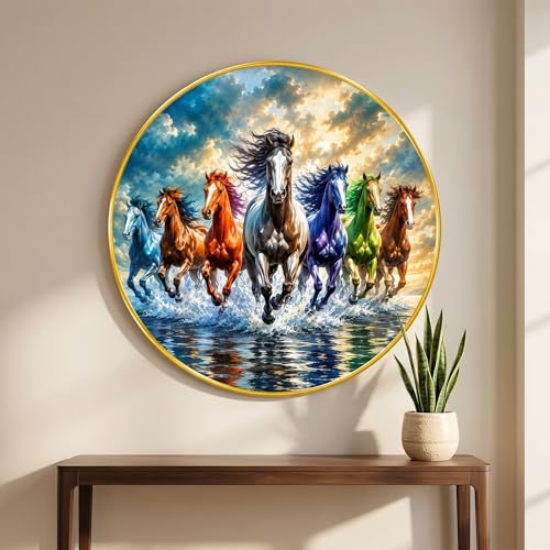 Image of SAF 7 Horse Vastu Round Wall Painting with Premium PVC Golden Frame, Colorful Running Horses Water Splash Art for Living Room Office Home Decor Gift (23 x 23 Inch) GR-446