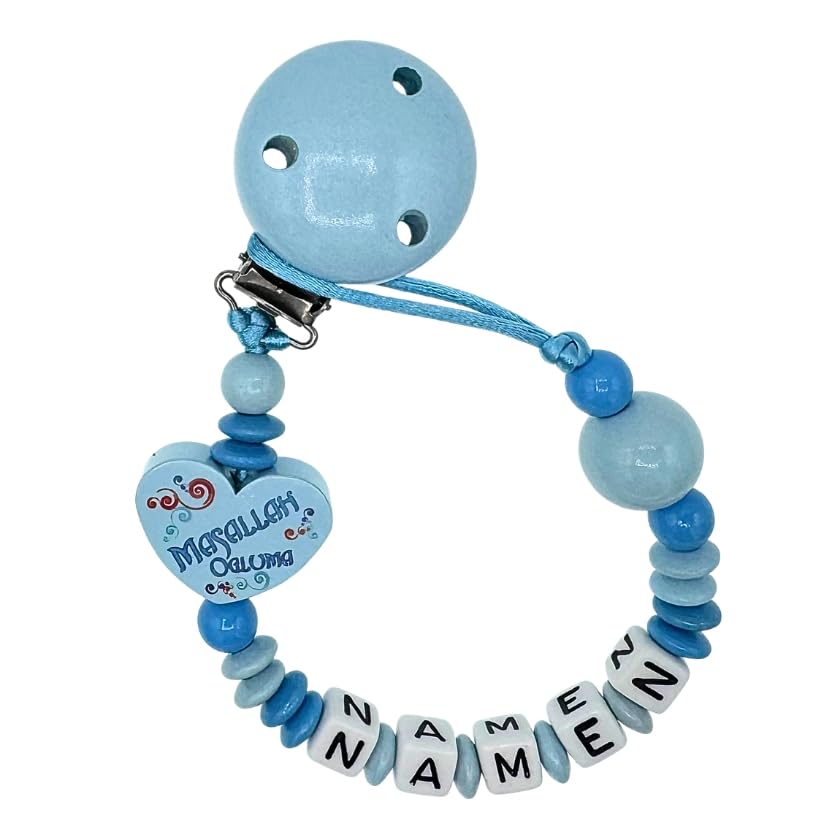 Set Nuckelkette + Kinderwagenkette mit Namen " M;ASALLAH OGLUMA " Babyblau Skyblau/Baby/Unisex/Personalisiert/HANDMADE