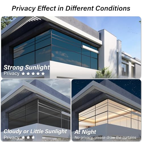 Kromapolis One Way Window Privacy Film Reflective Mirror Home Window Tint, Daytime Privacy Heat Control Anti UV Glass Tinting Static Cling (Black-Silver, 45.2 x 78.7 inch)