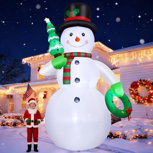 GOOSH 12 FT Christmas Inflatable Snowman Outdoor Decoration Blow Up Yard Giant Cute Snowman with Christmas Tree & Wreath Built-in LEDs for Indoor Party Xmas Garden Lawn Decor