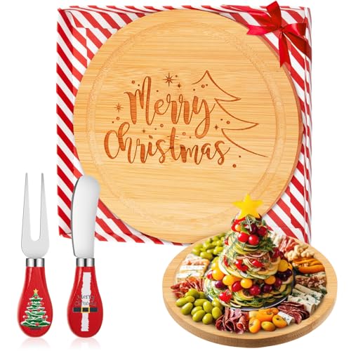 Ziliny Set de Tabla de Quesos Navideña y Cuchillo, Tabla Pequeña de Bambu Redonda para Servir con Diseño Festivo Rojo miniatura 1