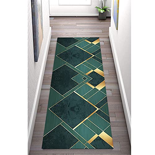 Läufer Teppich für Flur Indoor rutschfest Grün 80×300cm, Waschbar Polyester Langer Teppich für...