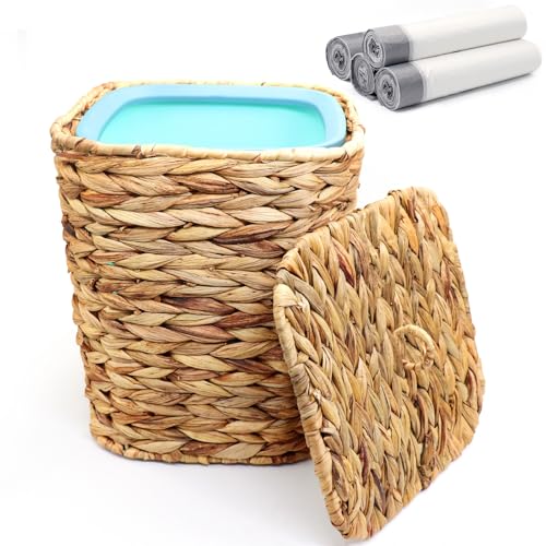 Image of 3 Gallons Wicker Waste Basket Can with Lid & Liner, Handwoven Wastebasket Wastepaper Basket with 60Pcs Bag, Wicker Trash Garbage Rubbish Can Bin Basket for Bedroom Bathroom Kitchen Office