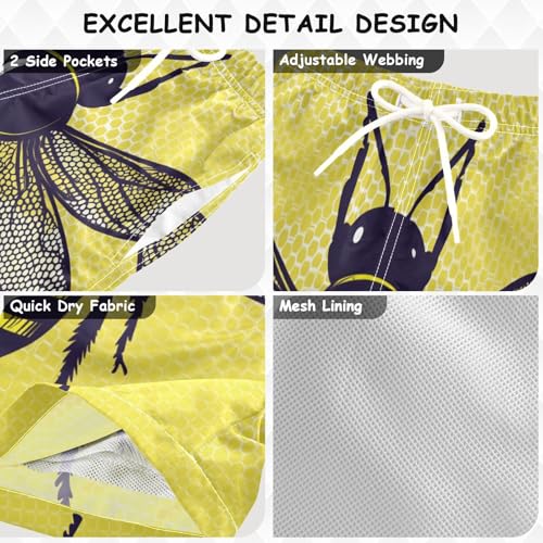 Boys Beach Board Shorts Bees Insect Funny Yellow Swim Trunk Teen Swimwear 8-16Y3