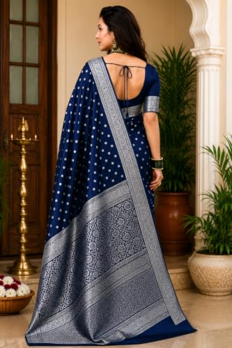 Image of Women's Glory Banarasi Satin Silk Saree with Rich Gold Silver Zari Floral Embroidery | Kanjivaram Style | Traditional Wedding & Festive sadi with Contrast Border
