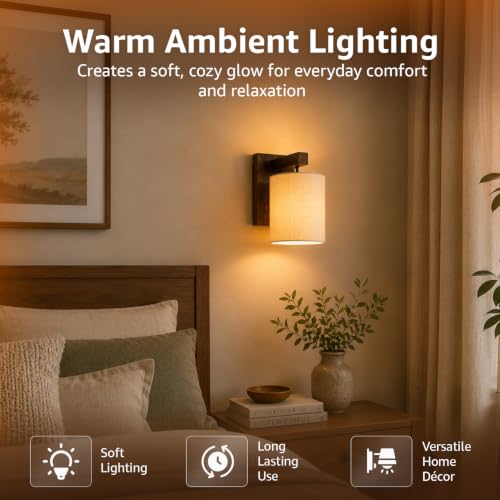 Image of Amazon Basics Deewar Sunset Wall Lamp | Wooden Bracket with Cream Fabric Shade | E14 Holder | Decorative Wall Light for Bedroom, Living Room, Hallway & Home Decor