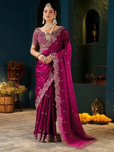Image of SIRIL Women's Tissue Silk Sequence Embroidery Saree with Unstitched Blouse Piece