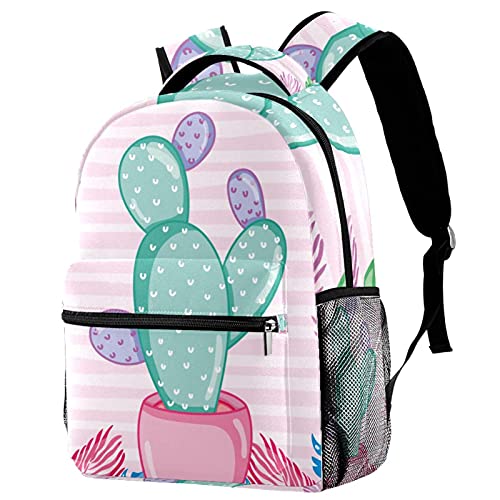Sac à dos campus pastel cactus et feuilles tropicales pour filles et garçons avec porte-bouteille