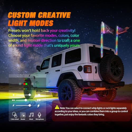 Image of Nilight 2PCS 4FT RGB LED Whip Light with Spring Base and 8 PCS Rock Lights Combo, Remote App Control w /DIY Chasing Patterns Turn Signal Brake Reverse Antenna Lighted Whips for ATV UTV Polaris RZR Jeep