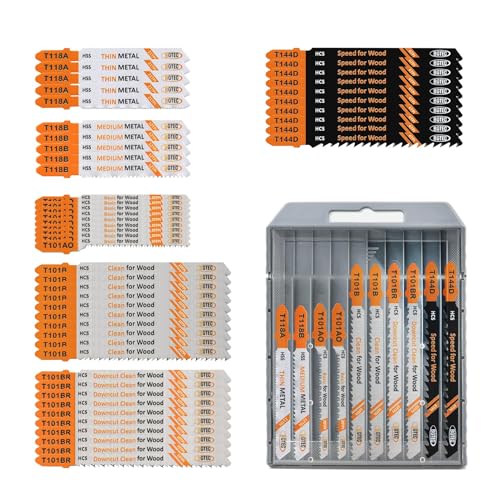 BGTEC 50PCS Jeu De Lames De Scie Sauteuse à Queue En T HCS/HSS Pour La Coupe Du Bois, Du Plastique Et Du Métal(T118A,T118B,T101AO,T101B,T101BR,T144D)