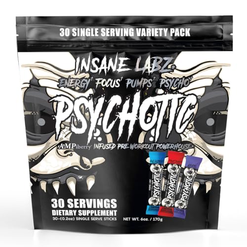 Image of Insane Labz Psychotic Black Edition Mid Stimulant Pre Workout Powder, Energy Focus Pumps, Loaded with Creatine Beta Alanine Taurine Fueled by AMPiberry, Variety 30 Servings