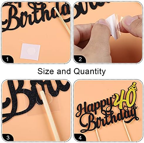 ADXCO Black and Gold Glittering Cake Decoration 40th Happy Birthday Cake Topper, 20 Pieces Heart and Star Cake Toppers, Confetti Balloon Cupcake Topper Decoration for Birthday Cake Supplies