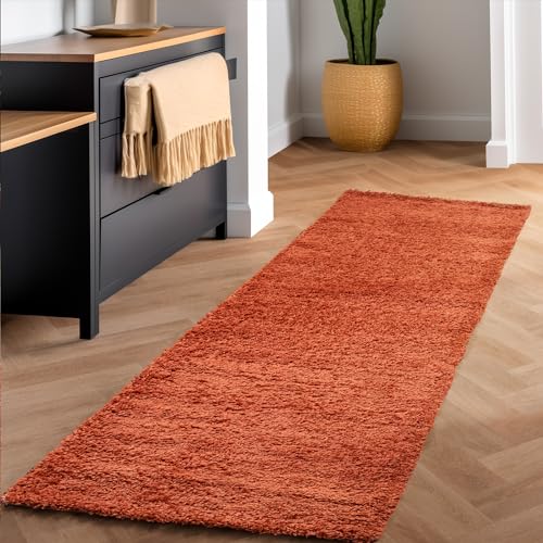 SIMPEX Flauschiger Teppich Wohnzimmer Schlafzimmer Läufer Flur Esszimmer Küchenteppich Hochflor Einfarbig Modernes Design 30 mm Florhöhe Kuschelweich, Terrakotta, 80 x 250 cm