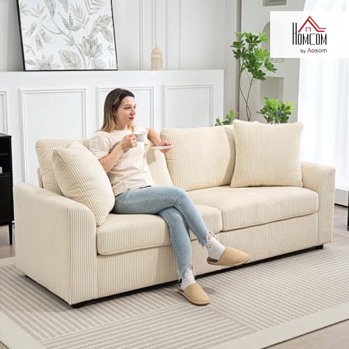 HOMCOM 3-Sitzer-Sofa, Couch mit Armlehnen, Zierkissen, Polstersofa mit Cordbezug, dick gepolstert, Loungesofa, bis 450 kg belastbar, für Wohnzimmer, Schlafzimmer, 212 x 80 x 88 cm, Cremeweiß – Bild 3