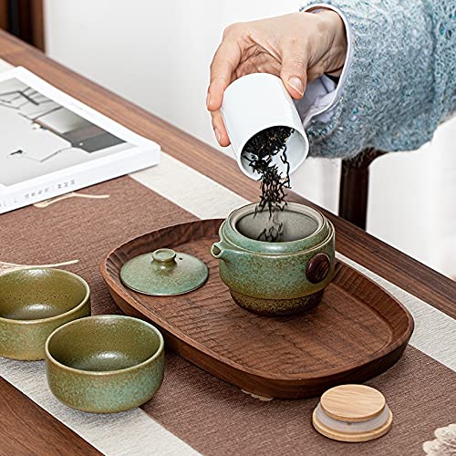 Ceramiczny Zestaw Do Herbaty | Czarno-zielona podróż: chińska ceramika 1 garnek 2 filiżanki z torbą do przechowywania(Green)