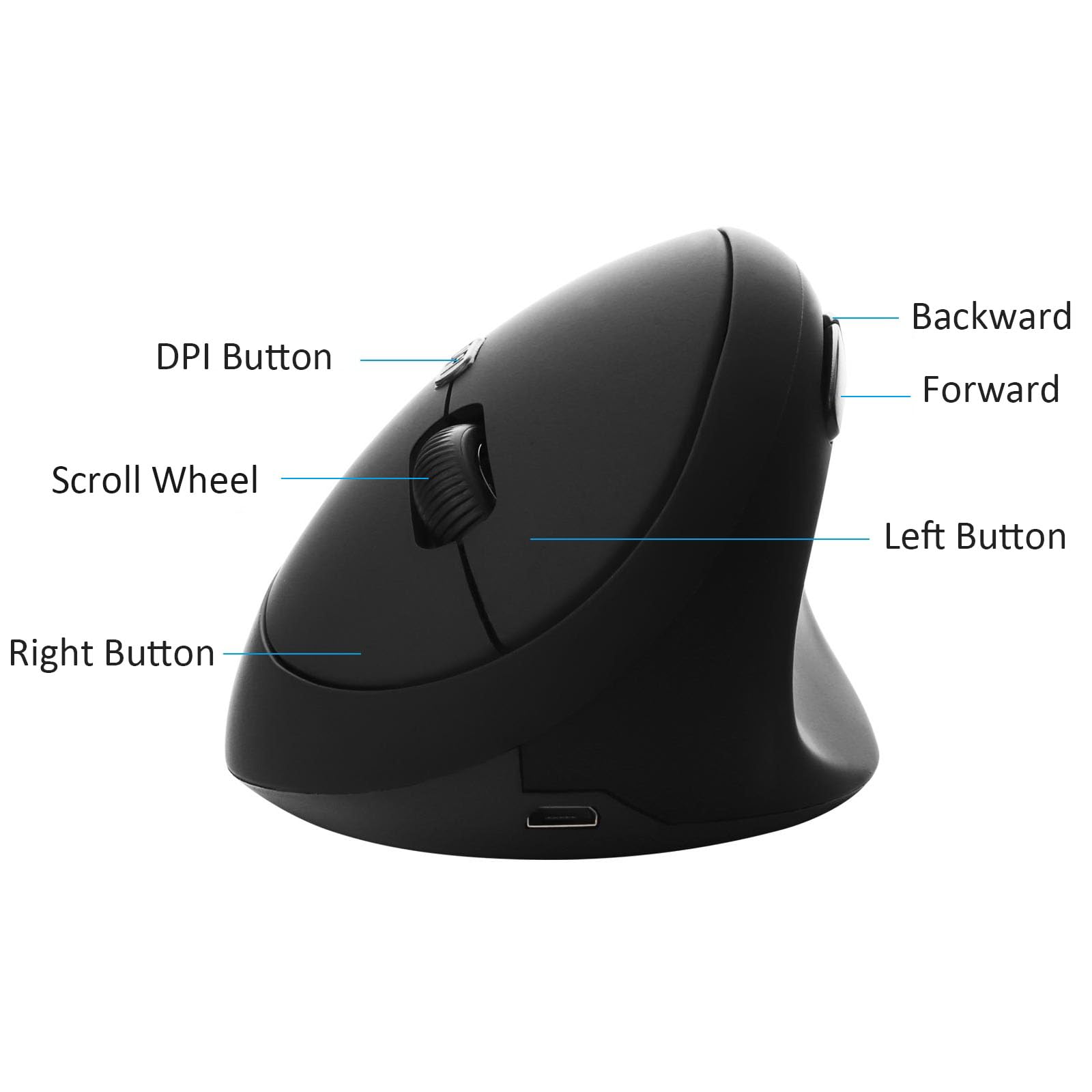 Mouse verticale senza fili, 2,4 G, ricaricabile, ergonomico, ad alta precisione, ottico, senza fili, con 6 pulsanti, regolabile in 3 DPI, ricevitore USB per laptop, PC, Mac, notebook (nero)