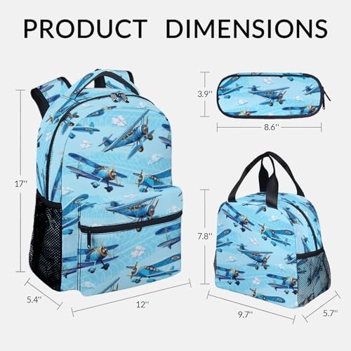 Image of Kids Backpack with Lunch Bag and Pencil Case - 3Pcs Airplane Backpacks Set for Boys - Durable Toddler Bookbag for Kindergarten, Primary & Elementary (17 Inch)