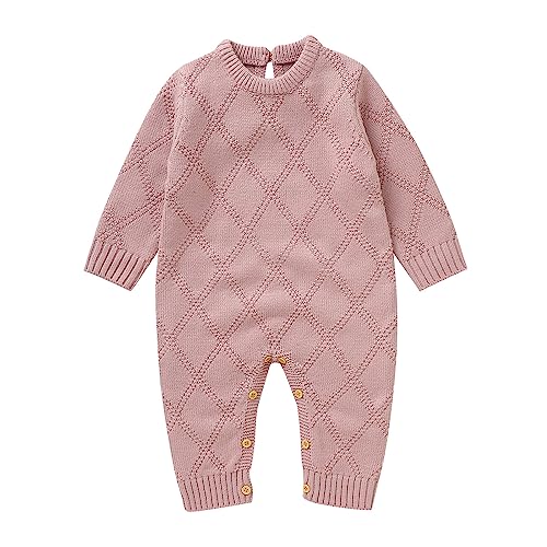 Generisch Mameluco de punto de algodón de alta calidad para recién nacidos con cuello redondo de manga larga como mono cómodo para bebés y niños pequeños, Rosa., 0-3 meses