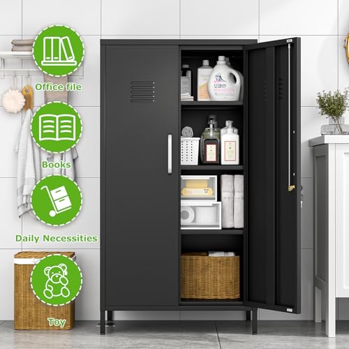 Image of PAOFIN 47 inch Metal Storage Locker, Lockable Employees Metal Locker with 2 Door and Adjustable Shelves, Steel Locker for Home, School, Office, Gym (Black)