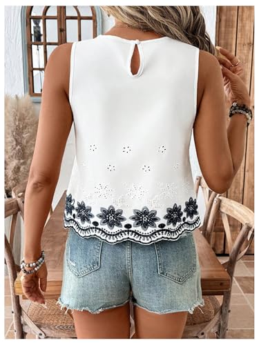 SweatyRocks Women's Sleeveless Boho Eyelet Tank Top Crew Neck Floral Embroidery Casual Summer Tops2
