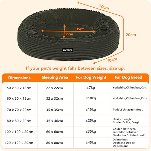 HMTOPE Hundebett Mittelgroße Hunde, Katzenbett Waschbar, Kuscheliges Hundekissen, Rund Cord Hundekorb, Donut, Hundesofa, Abnehmbar und rutschfest, Ø 70 cm, Olivgrün