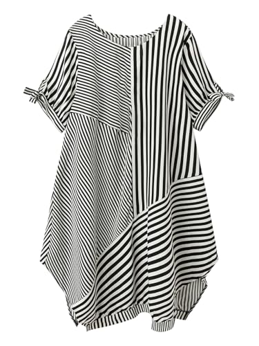 Image of Verdusa Women's Plus Size Striped Midi Tee Dress Bow Tie Sleeve Asymmetrical Tunic Dress