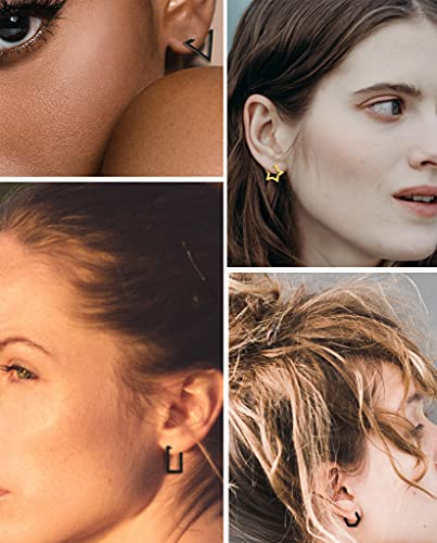 6 Pairs Minimalist Hoop Earrings Stainless Steel Small Dainty Geometric Square Triangle Star Rectangle Huggies Earrings for Women Ladies Gold Silver Black Tone4