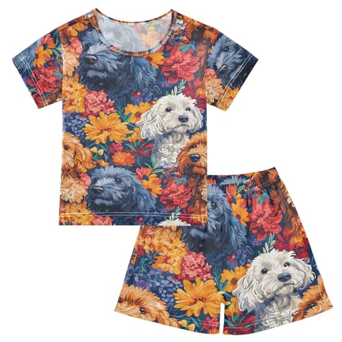 ALAZA Puppy Dog Blossom Flower Pajamas Set Short Sleeve Cotton Sleepwear Summer Pjs 2 Piece 5-14Y