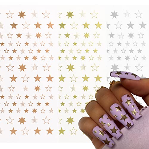 7 Sheets Star Nail Art Stickers Decal,Nail Supplies 3D Self-Adhesive Nail Decals Metallic Rose Gold Silver Black White Stars Nail Art Design Sticker For Women Girls Manicure Tips Nail Decoration #TOP1