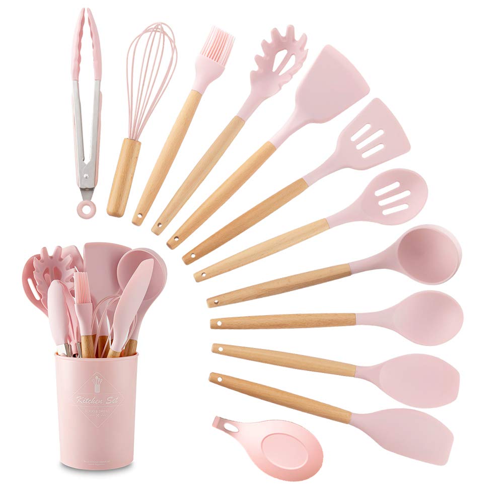IMLUCKY 13 Piezas Utensilios de Cocina de Silicona con Mango de Madera - Juego de Utensilios de Cocina Soporte de Plástico/Turner/Batidor/Cuchara/Cepillo/Espátula/Cucharón/Pinzas (Rosa) - Rosa