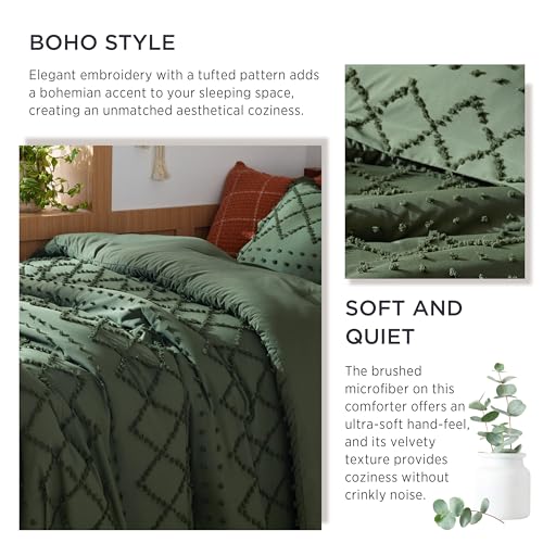 Image of Bedsure Twin Comforter Set - Olive Green Comforter, Boho Tufted Distressed Vintage Bedding for Kids, 2 Pieces Farmhouse-Style Bed Set for All Seasons, Fluffy Soft Bedding with 1 Pillow Sham