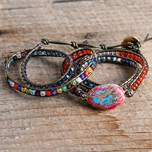Image of YGLINE Boho Handmade Natural Stone Wrap Bracelets Jasper Crystal Beads Bracelet Jewelry