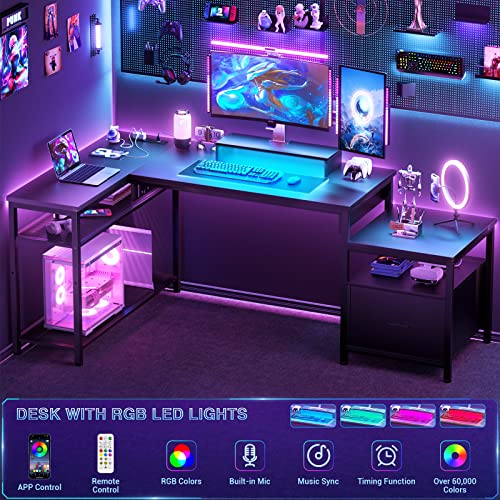 Aheaplus L Shaped Desk With Power Outlet, Standing Home Office Desk With Lift Top And File Drawer, 63'' Corner Computer Desk With Monitor Stand&Printer Shelves, Gaming Desk With Led Lights, Black #TOP4