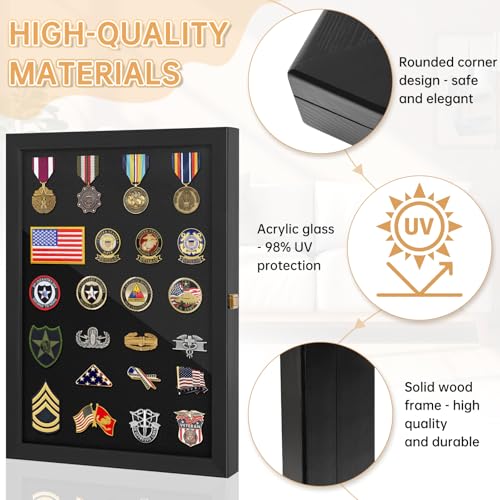 WELIDAY 18x13 Pin Display Case Pin Collection Display Case with 98% UV Protection Acrylic Door for Military Medals, Jewelry Pins, Pin Gift, Insignia Ribbons, Beach Tags, Pin Collectibles