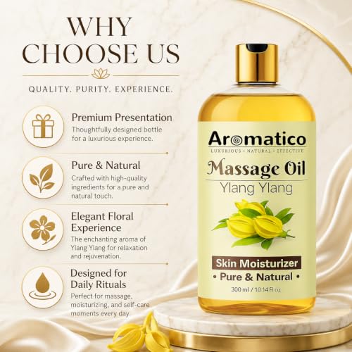 Image of AROMATICO Ylang Ylang Massage Oil - Spa Massage Oil with Almond & Jojoba for Couples, Full Body Stress Relief & Skin Nourishment | 300ml