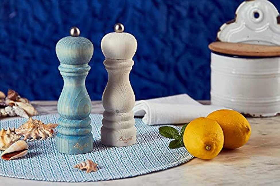 Bisetti Vintage 6.5 Inch Light Blue Fir Wood Salt Mill With Adjustable Grinder