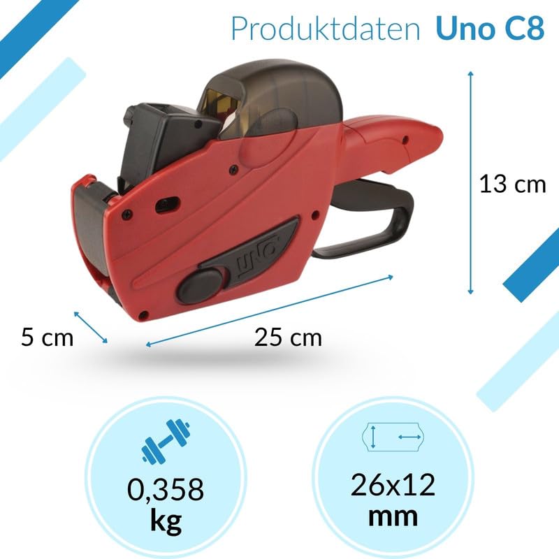 PB-Onlinehandel – Preisauszeichner Gerät Set UNO C8 rot 8-stellig inkl. 7500 Etiketten weiß ablösbar – Handauszeichner Warenauszeichnung mit einfachem Etiketten- & Farbrollwechsel