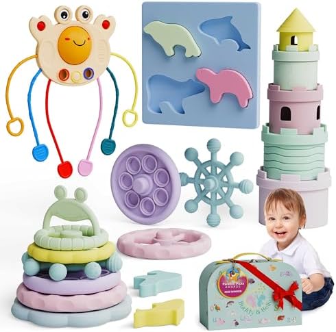 Silicone Baby Teething Toys Gift Set – 5-in-1 Silicone Teethers for Babies - Montessori Toys for 1 Year Old - Stacking Cups, Ring Stacker Toy, Pull Toy, Puzzle - Gift Case - BPA-Free, Dishwasher Safe