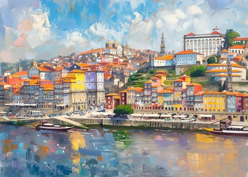 Generic Porto Painting Portugal Wall Art Oil Painting Art Print, Porto Cityscape Colorful Houses by River Douro Ready to Hang Framed Art(No Frame,28x40inches)