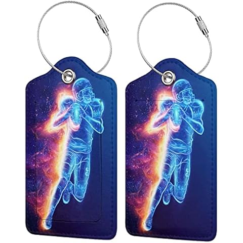 Cool Blue Travel Luggage Tags Football Themed, 2Pcs Leather Suitcases Bag Tag for Sports Boys Men Kids, Name Labels Baggage Tags with Full Back Privacy Name ID Card Stainless Steel Loop Cover