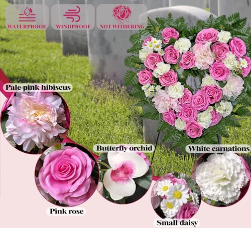 MUVIC Cemetery Flower Wreaths for Grave Decorations- Elegant Remembrance Standing Heart,Memorial Floral with Easel Stand,Pink Hibiscus Rose Carnation Daisy-27 Inch by MUVIC - Image 4