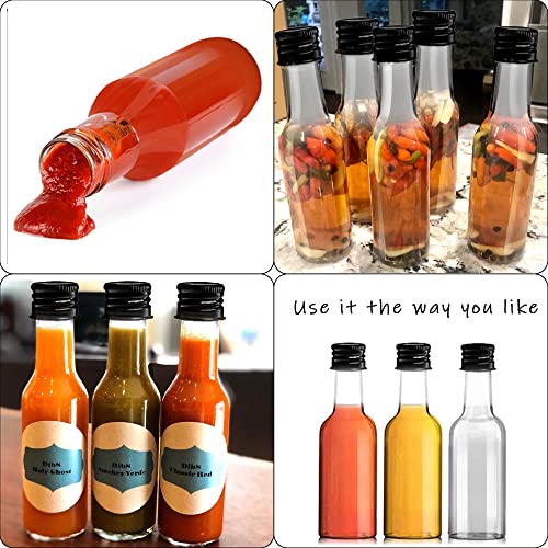 YZXODN 50 Pack 2 oz Mini Liquor Bottles with Labels, Plastic Alcohol Bottles, Airtight Shot Bottles, Little Spirit Bottle with Funnels Black Caps, Hot Sauce Bottle for Cocktail, Party Favors, Weddings