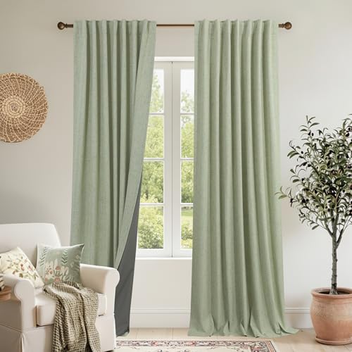 Sage Green Linen Blackout Curtains for Bedroom 84 Inch Long Black Out Pleated Thermal Darkening Light Blocking Boho Farmhouse Cottage Core Soundproof Sound Proof Curtains for Office Window Living Room