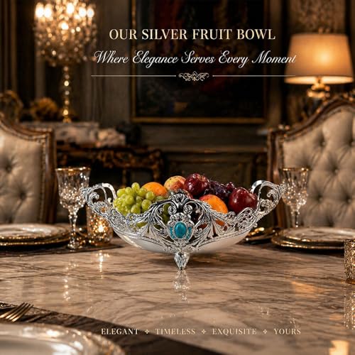Image of Diviniti German Silver Decorative Blue Stone Bowl|Luxury Serving Bowl with Handles|Vintage Silver Platter for Dining Table, Home Decor, Centerpiece, Gifting|Elegant Metal Fruit Basket with Gift Box