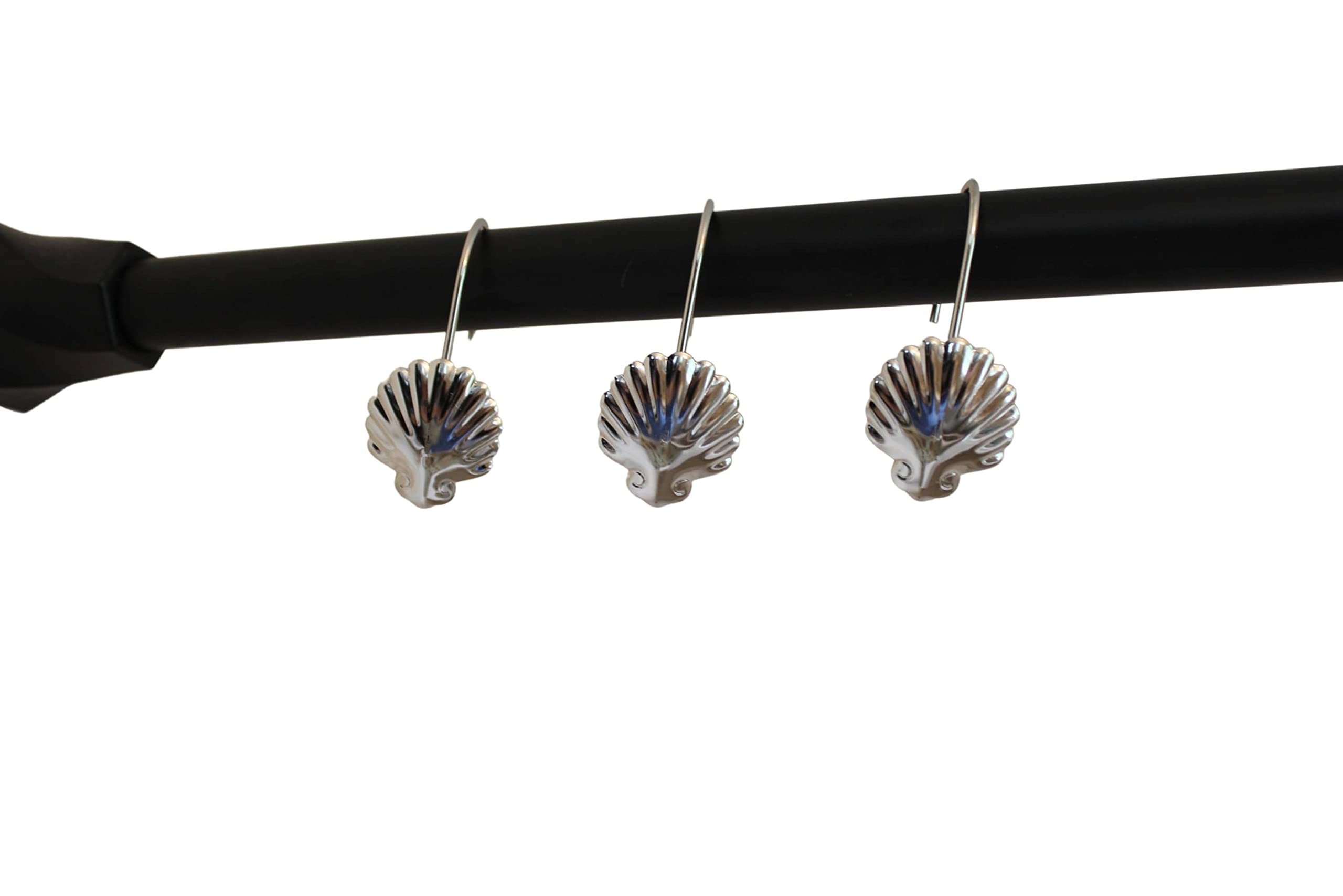 Silver Shower Curtain Rings Hooks Polished Shiny Chrome Seashells Decorative Shower Curtain Hooks Set of 12 Metal Rust-Proof Shower Hanger Rings for Bathroom Curtains Rods