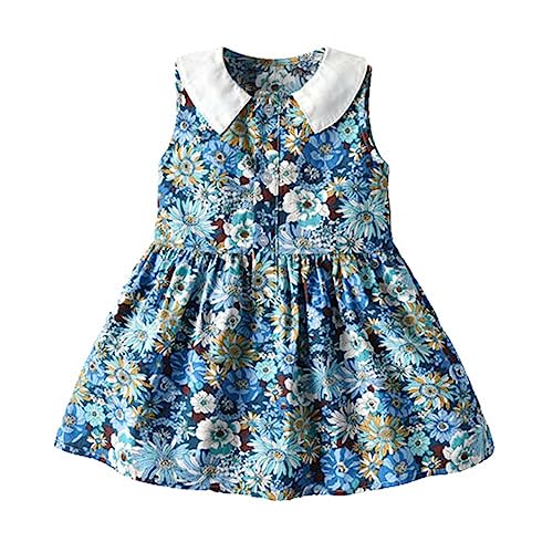 QIANCOME Cotton Summer Dress Little Girls Floral Print Dress Kids Cute Peter Pan Collar Sleeveless Pleated Mini Sundress Button Elastic Waist Breathable Sweet Everyday Beach Holiday A Blue 4-5 Years